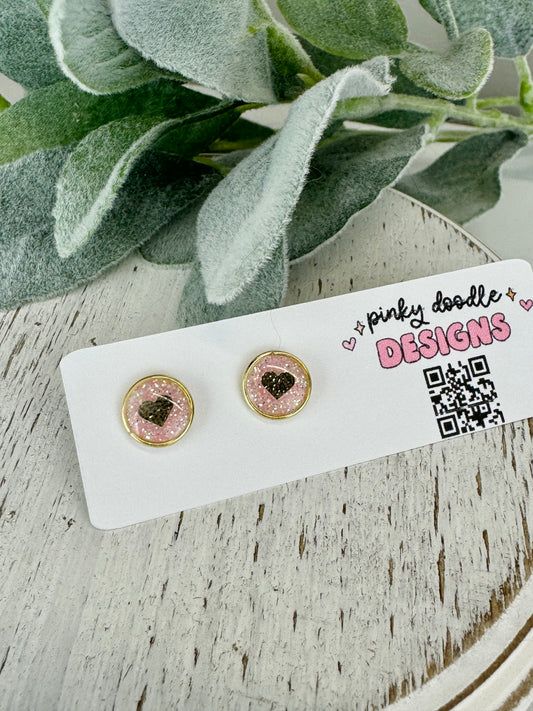 Pink w/ Gold Heart Resin Stud Earrings (18K Gold Plated Post)