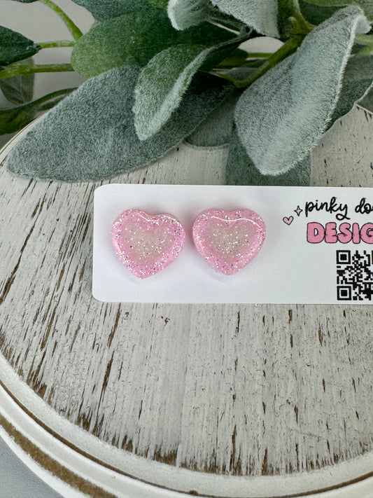 Double Heart Pink/White Glitter Resin Stud Earrings (18K Gold Plated Post)
