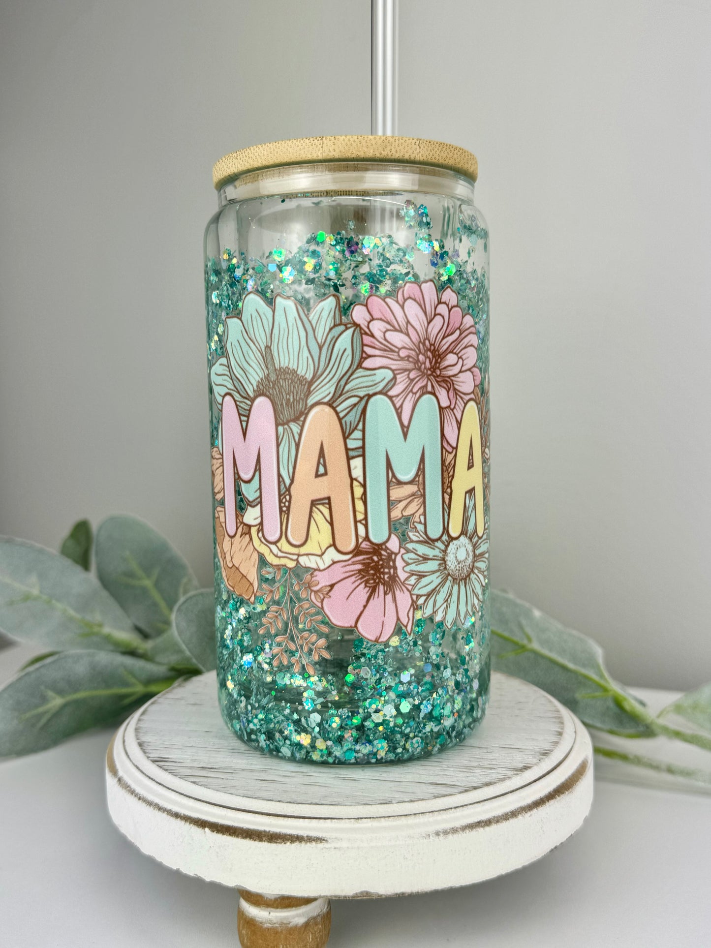 Mama Snowglobe 16oz Glass Can Tumbler
