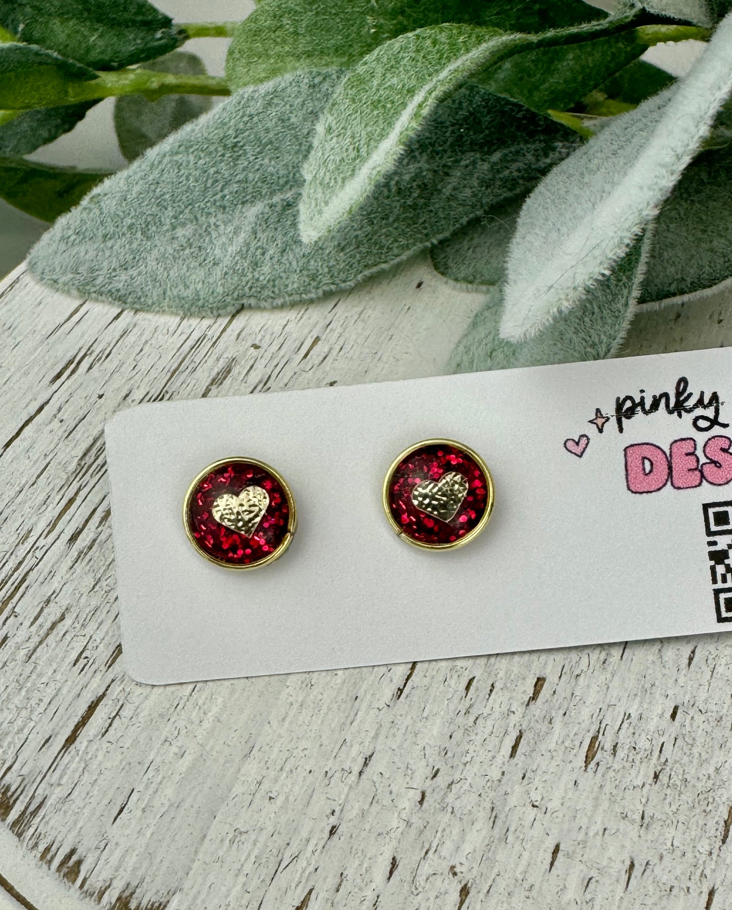 Red w/ Gold Heart Resin Stud Earrings (18K Gold Plated Post)