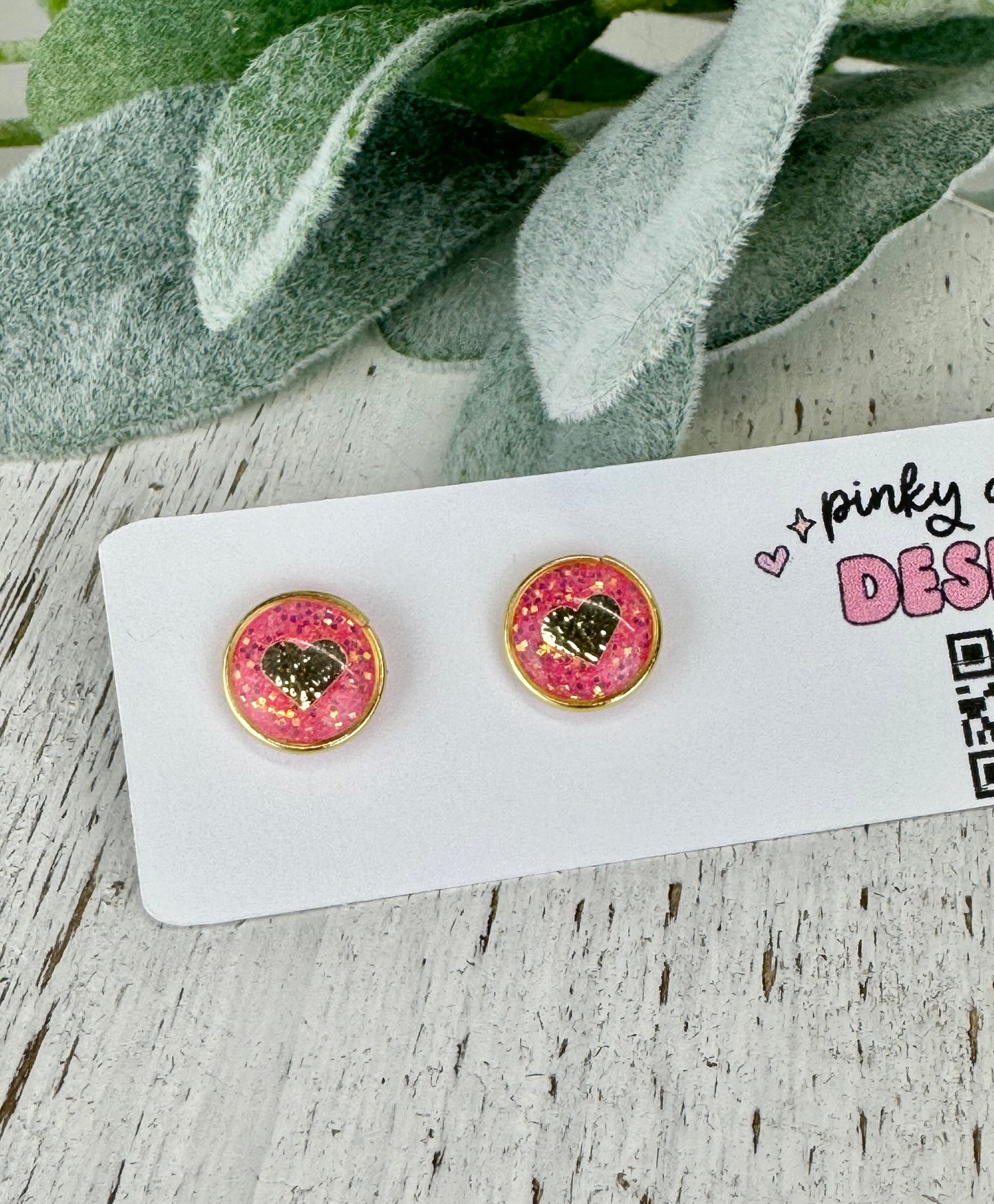 Coral w/ Gold Heart Resin Stud Earrings (18K Gold Plated Post)