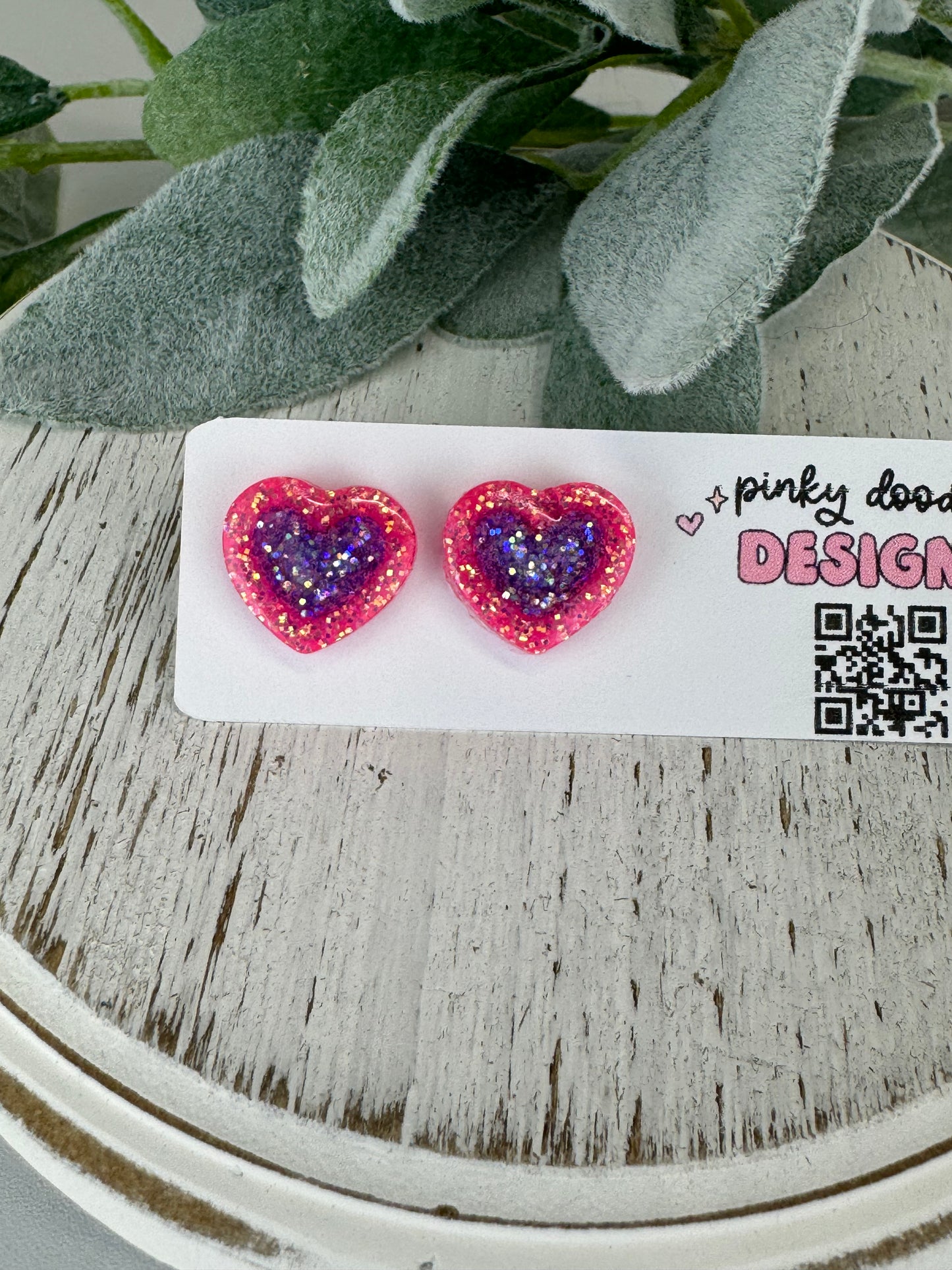 Double Heart Coral/Periwinkle Glitter Resin Stud Earrings (Stainless Steel Post)