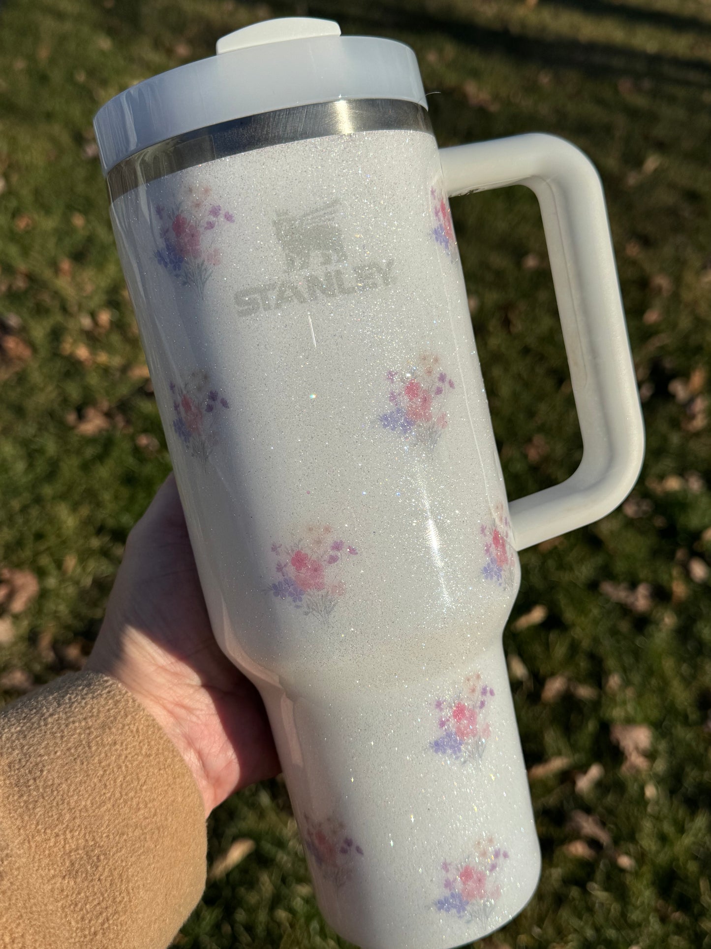 Custom Glittered Floral 40oz Stainless Steel Stanley Tumbler