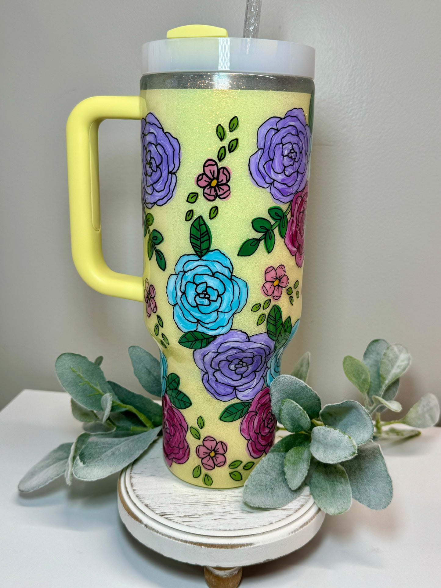 Custom Glittered  Peony 40oz Stainless Steel Stanley Tumbler