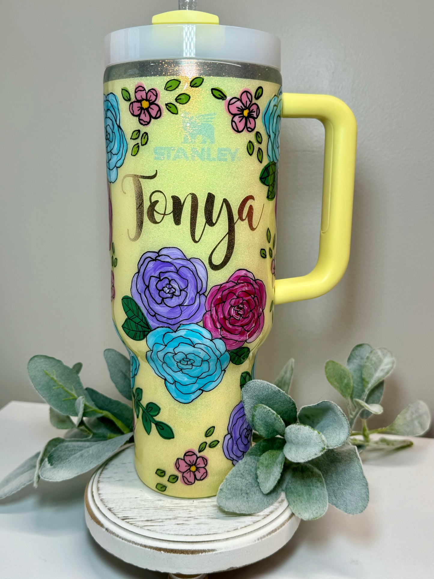 Custom Glittered  Peony 40oz Stainless Steel Stanley Tumbler